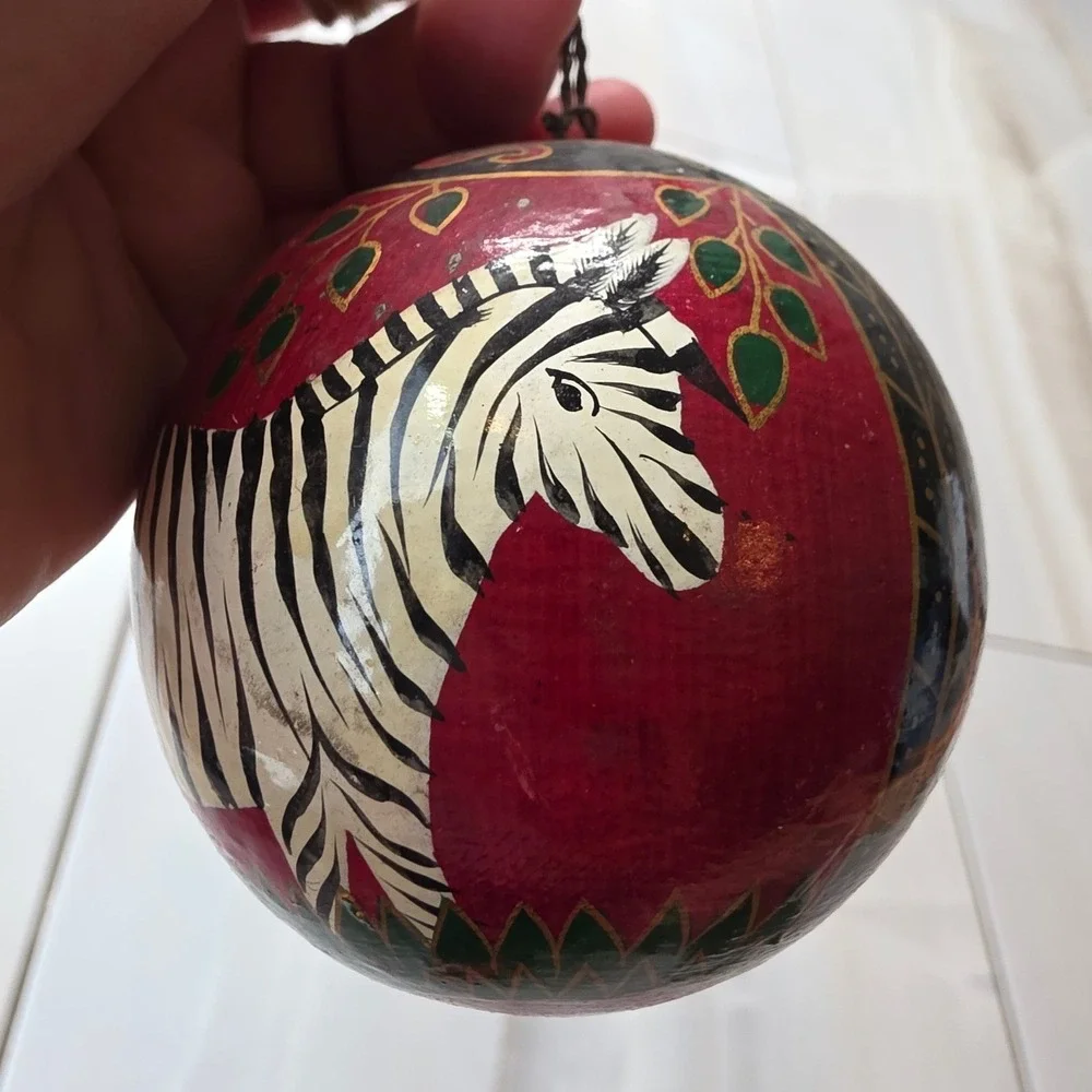 Hand Painted Zebra Wooden Trinket Box and Matching Egg‎ Ornament Set Folk Art S3